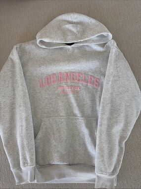White Fox Boutique Light Gray Hoodie with Pink 'Los Angeles' Embroidery